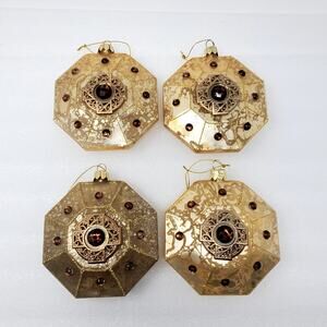 Vintage GOLD embellished glitter Elegant Red Faceted Ornaments Set of 4